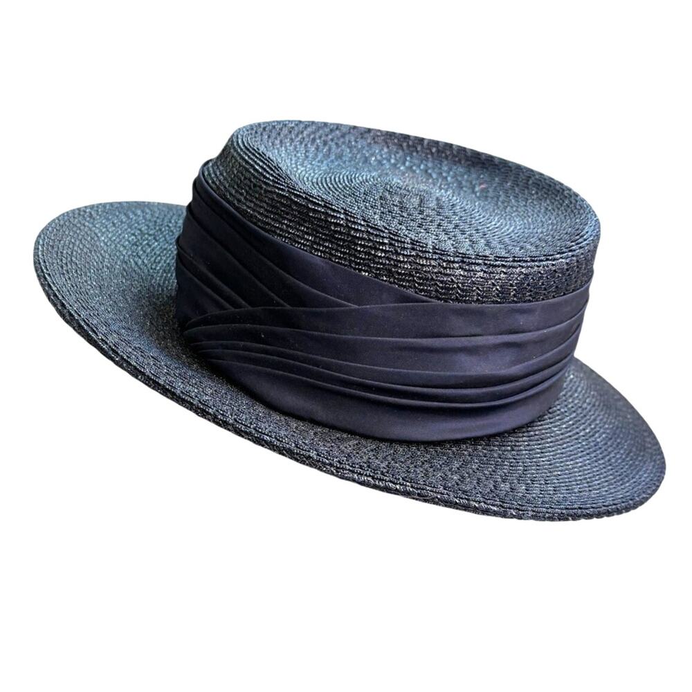 Roberta Bernay Vintage 50s-60s Navy Woven Boater Hat Wide Brim Retro